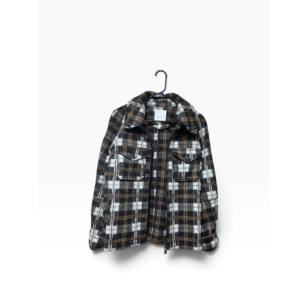 Avec Les Filles Plaid Zip Front Shirt Jacket Black Brown White Small